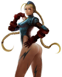 Rule 34 | 1girl, ahoge, armband, armor, ass, backlighting, bad id, bad pixiv id, blonde hair, blue eyes, blue hat, blue leotard, braid, breasts, cammy white, capcom, closed mouth, facial scar, fingerless gloves, floating hair, from side, fuumi, fuumi (black), garrison cap, gauntlets, gloves, hand on own chest, hand on own hip, hand up, hat, heart, highleg, highleg leotard, impossible clothes, impossible leotard, legs apart, leotard, lightning bolt symbol, lips, long hair, long sleeves, looking at viewer, looking back, medium breasts, military, military uniform, necktie, one-piece thong, panties, ribbed leotard, scar, scar on cheek, scar on face, screw, short necktie, shoulder pads, simple background, solo, standing, street fighter, tattoo, thighs, thong, thong leotard, turtleneck, twin braids, underwear, uniform, very long hair, white background, yellow necktie