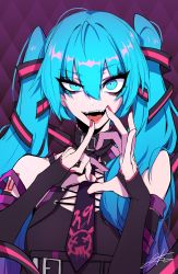 Rule 34 | 1girl, aqua eyes, aqua hair, choker, elbow gloves, eyes visible through hair, fangs, fingerless gloves, gloves, hand gesture, hands up, hatsune miku, j.k., looking at viewer, mosaic background, nail polish, neckwear request, open mouth, pink nails, purple neckwear, ringed eyes, signature, sleeveless, solo, twintails, upper body, vocaloid