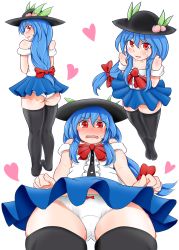 Rule 34 | 1girl, absurdres, adapted costume, arms behind back, ass, blue hair, blush, bow, bow panties, clenched hands, d:, feet together, food, food on head, fruit, fruit on head, full-face blush, full body, hair bow, hat, heart, highres, hinanawi tenshi, king (ougon kingyo-bachi), kneepits, long hair, looking back, low-tied long hair, microskirt, miniskirt, multiple views, nervous, object on head, off shoulder, open mouth, panties, pantyshot, peach, pov, pov crotch, red eyes, sketch, skindentation, skirt, standing, sweatdrop, thick thighs, thighhighs, thighs, touhou, turnaround, undersized clothes, underwear, very long hair, white panties