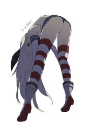 Rule 34 | 10s, 1girl, ankle boots, ass, bad id, bad pixiv id, bare shoulders, bent over, black panties, blonde hair, boots, elbow gloves, from behind, full body, gloves, hair ribbon, harano, kantai collection, long hair, panties, pantyshot, personification, ribbon, sailor collar, shimakaze (kancolle), simple background, skirt, solo, striped clothes, striped thighhighs, thighhighs, thong, top-down bottom-up, underwear, upskirt, white background, white gloves, yellow eyes