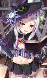 Rule 34 | 1girl, belt, black gloves, black skirt, blunt bangs, book, book stack, bookmark, bookshelf, bow, bowtie, breasts, cleavage, commentary request, crop top, from above, gloves, green eyes, grin, hair bun, hand on own hip, hat, highres, holding, holding book, hololive, indoors, library, long hair, looking to the side, midriff, miniskirt, murasaki shion, murasaki shion (1st costume), navel, open book, pentagram, pinstripe pattern, pinstripe shirt, shirt, sidelocks, single hair bun, single side bun, skirt, small breasts, smile, solo, star (symbol), stomach, striped clothes, striped shirt, superpig, thigh strap, thighs, tsurime, vertical-striped clothes, vertical-striped shirt, very long hair, virtual youtuber, white hair, witch, witch hat