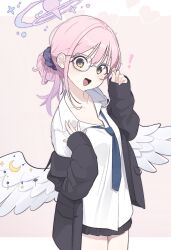 Rule 34 | !, 1girl, alternate hairstyle, angel wings, bespectacled, black jacket, black skirt, blue archive, blue necktie, blush, breasts, collared shirt, cowboy shot, crescent, crescent pin, feathered wings, glasses, halo, highres, jacket, kekek, long hair, long sleeves, medium breasts, mika (blue archive), necktie, open clothes, open jacket, open mouth, pink hair, pink halo, pleated skirt, shirt, skirt, solo, white shirt, white wings, wings, yellow eyes