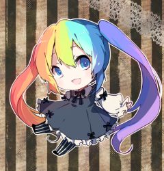 Rule 34 | 1girl, alternate costume, blue eyes, hatsune miku, imoko (imonatsuki), long hair, multicolored hair, open mouth, rainbow hair, ribbon, smile, twintails, vocaloid