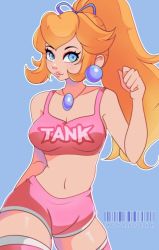 Rule 34 | 1girl, alternate costume, arm behind back, artist name, bare arms, bare shoulders, blonde hair, breasts, cleavage, clenched hand, cresscin, hair ribbon, hand up, jewelry, large breasts, legs, lipstick, makeup, mario (series), midriff, navel, neck, necklace, nintendo, parted lips, ponytail, princess, princess peach, ribbon, shorts, smile, solo, super mario bros. 1, tank top, thick thighs, thighs
