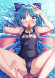 Rule 34 | 1girl, black one-piece swimsuit, blue bow, blue eyes, blue hair, blush, bow, cirno, doroshii, food, food in mouth, foot out of frame, furrowed brow, hair bow, highres, ice, ice wings, looking at viewer, name tag, one-piece swimsuit, popsicle, school swimsuit, short hair, solo, swimsuit, touhou, wings