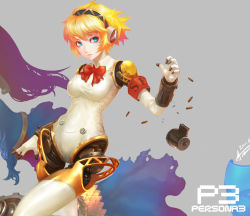 Rule 34 | 1girl, aegis (persona), android, armband, atlus, blonde hair, blue eyes, bow, jay b lee, palladion, persona, persona 3, shell casing, short hair, simple background, solo