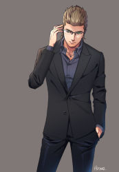 Rule 34 | 10s, 1boy, brown hair, cowboy shot, final fantasy, final fantasy xv, formal, glasses, grey background, hand in pocket, hinoe (dd works), ignis scientia, male focus, signature, simple background, smile, solo, standing