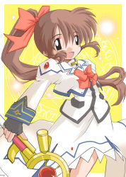 Rule 34 | 00s, 1girl, :d, alternate hairstyle, border, bow, bowtie, dress, fingerless gloves, gem, gloves, hair bow, kei (fortune), long sleeves, lyrical nanoha, magazine (weapon), magical girl, mahou shoujo lyrical nanoha, mahou shoujo lyrical nanoha a&#039;s, open mouth, orb, ponytail, raising heart, red bow, red bowtie, rod, simple background, smile, solo, staff, takamachi nanoha, white dress, yellow background