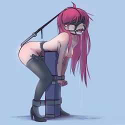 Rule 34 | 1girl, absurdres, anal hook, ass, bdsm, bent over, blindfold, blue background, blush, bondage, bound, breasts, clenched hand, collar, drooling, female focus, gag, garter belt, garter straps, hanging breasts, harness gag, high heels, highres, long hair, medium breasts, nipples, nradiowave, original, red hair, restrained, ring gag, saliva, slave, solo, stationary restraints, thighhighs, tongue, tongue out