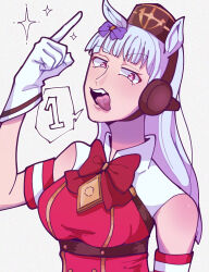 Rule 34 | 1girl, animal ears, blunt bangs, blush, bow, bowtie, breasts, brown headwear, collared shirt, commentary request, ear bow, earmuffs, gloves, gold ship (umamusume), grey background, grey hair, highres, horse ears, horse girl, index finger raised, long hair, looking at viewer, medium bangs, medium breasts, open mouth, pillbox hat, pink eyes, purple bow, red bow, red bowtie, satou (ultrmngrtsrt), shirt, simple background, solo, spoken number, teeth, tongue, tongue out, umamusume, upper body, upper teeth only, white gloves, white shirt