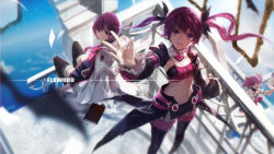 Rule 34 | 3girls, :d, aisha landar, blurry, book, copyright name, depth of field, dimension witch (elsword), elemental master (elsword), elsword, highres, long hair, looking up, multiple girls, multiple persona, navel, open mouth, outstretched arm, paper, purple eyes, purple hair, sitting, smile, strapless, swd3e2, tube top, twintails, void princess, void princess (elsword), wind
