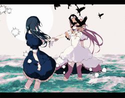Rule 34 | 2girls, akemi homura, akemi homura (black dress), arm at side, bad id, bad twitter id, beige background, bird, black capelet, black dress, black hair, capelet, choker, circle, collarbone, commentary request, covered face, crow, dress, faceless, faceless female, facing away, flat chest, frilled dress, frills, funeral dress, gloves, hair ribbon, holding another&#039;s wrist, homulilly, kaname madoka, layered dress, legs apart, letterboxed, long dress, long hair, mahou shoujo madoka magica, mahou shoujo madoka magica: hangyaku no monogatari, multiple girls, ocean, outstretched arm, pc (z yu), pink hair, pink legwear, profile, ribbon, ripples, see-through, short sleeves, simple background, sparkle, standing, straight hair, thighhighs, two side up, ultimate madoka, very long hair, wading, water, waves, white choker, white dress, white gloves, white neckwear, white ribbon, wide sleeves, zettai ryouiki
