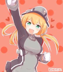 Rule 34 | &gt;:d, 10s, 1girl, :d, aqua eyes, arms up, artist name, black skirt, blonde hair, blush, cbgb, gloves, hair ornament, heart, heart background, kantai collection, long hair, long sleeves, looking at viewer, microskirt, military, military uniform, open mouth, outline, pleated skirt, prinz eugen (kancolle), skirt, smile, solo, twintails, uniform, v-shaped eyebrows, white gloves