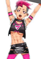 Rule 34 | 1girl, abs, arms up, black collar, black skirt, breasts, cessa, collar, creatures (company), crop top, ear piercing, earrings, game freak, jewelry, muscular, muscular female, navel, nintendo, npc trainer, open mouth, piercing, pink eyes, pink hair, pink thighhighs, pokemon, pokemon swsh, short hair, simple background, skirt, solo, team yell, team yell grunt, thighhighs, torn clothes, torn skirt, underboob, undercut, vest, white background