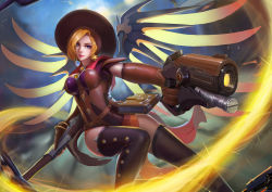 Rule 34 | 1girl, absurdres, artist name, bangle, belt, blonde hair, blue eyes, book, bracelet, breasts, brooch, brown gloves, brown hat, brown thighhighs, cape, capelet, closed mouth, cowboy shot, dress, earrings, elbow gloves, eyelashes, finger on trigger, gloves, glowing, glowing wings, gradient wings, gun, halloween costume, hand up, handgun, hat, highres, holding, holding gun, holding staff, holding weapon, jack-o&#039;-lantern, jack-o&#039;-lantern earrings, jewelry, large breasts, lips, lipstick, looking at viewer, makeup, mascara, mechanical wings, medium breasts, mercy (overwatch), multicolored wings, nose, official alternate costume, orange wings, overwatch, overwatch 1, pelvic curtain, pink lips, pistol, red cape, short sleeves, smile, solo, spread wings, staff, strap, thighhighs, wanj, weapon, wings, witch, witch hat, witch mercy, yellow wings