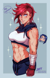 Rule 34 | 2girls, abs, arcane: league of legends, arcane vi, artist name, asymmetrical hair, bare shoulders, blue eyes, blush, border, breasts, caitlyn (league of legends), character name, chibi, chibi inset, crop top, cropped legs, earrings, english text, female focus, fingerless gloves, gloves, green background, green border, heart, highres, hood, hood down, iahfy, jewelry, jitome, large breasts, league of legends, linea alba, looking at another, looking at viewer, midriff, multiple girls, muscular, muscular arms, muscular female, navel, neck tattoo, patreon username, red gloves, red hair, short hair, sidecut, simple background, smile, solo focus, sparkle, speech bubble, spoken heart, tattoo, tongue, tongue out, twitter username, undercut, vi (league of legends), watermark, yuri