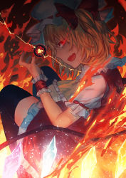 Rule 34 | 1girl, ascot, black thighhighs, blonde hair, bow, crystal, dark, energy ball, eye trail, fang, fire, flandre scarlet, frilled skirt, frills, from side, gradient background, hair bow, hand up, hat, highres, light, light particles, light trail, looking at viewer, looking to the side, mister rhino (wangzisama1001), mob cap, nail polish, open mouth, red nails, red skirt, ribbon-trimmed headwear, ribbon trim, short sleeves, side ponytail, skirt, sleeveless, solo, thighhighs, touhou, wings, wrist cuffs