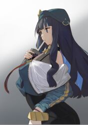 Rule 34 | 1girl, amef, bare shoulders, beret, black hair, black shorts, blue hair, bracelet, breasts, buttons, colored inner hair, cup, double-breasted, drinking, drinking straw, fate/grand order, fate (series), green hat, green jacket, grey eyes, hat, highres, jacket, jewelry, long hair, medium breasts, multicolored hair, neck ring, o-ring, off shoulder, shorts, sidelocks, tenochtitlan (fate), tenochtitlan (second ascension) (fate), wavy hair, zipper
