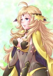 Rule 34 | 1girl, ahoge, blonde hair, bodystocking, breasts, cape, circlet, closed mouth, covered navel, ebi puri (ebi-ebi), fire emblem, fire emblem fates, grey eyes, long hair, looking to the side, medium breasts, nintendo, ophelia (fire emblem), simple background, turtleneck, upper body