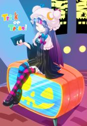 Rule 34 | 1girl, bad id, bad pixiv id, bat (animal), book, cameo, capelet, caplet, cosplay, crescent, female focus, grin, hat, holding, holding book, jack-o&#039;-lantern, kirisame marisa, long hair, looking at viewer, mary janes, numako, one eye closed, panty &amp; stocking with garterbelt, patchouli knowledge, patchouli knowledge (cosplay), purple eyes, purple hair, scarlet devil mansion, shoes, sitting, smile, solo, stocking (psg), striped clothes, striped thighhighs, television, thighhighs, touhou, trick or treat, vertical stripes