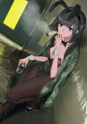 Rule 34 | 1girl, against wall, amayoshi, animal ears, arms up, beer can, black bow, black bowtie, black footwear, black hair, blue eyes, bow, bowtie, breasts, brown pantyhose, can, cigarette, cleavage, collarbone, detached collar, door, drink can, dutch angle, fake animal ears, from above, green jacket, high heels, holding, holding can, holding cigarette, jacket, jacket on shoulders, leg lift, leotard, looking at viewer, medium breasts, night, open clothes, open jacket, original, outdoors, pantyhose, playboy bunny, rabbit ears, short hair, smoke, smoking, solo, standing, swept bangs, wrist cuffs