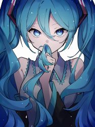 Rule 34 | 1girl, akahito (akaironotanin), aqua hair, aqua necktie, black sleeves, blue eyes, clenched hand, commentary, covering own mouth, detached sleeves, expressionless, grey shirt, hair between eyes, hatsune miku, highres, holding, holding own hair, long hair, necktie, serious, shirt, simple background, sleeveless, sleeveless shirt, solo, twintails, upper body, vocaloid, white background