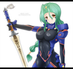 Rule 34 | 1girl, black bodysuit, black gloves, bodysuit, breasts, brown eyes, copyright name, covered navel, floating hair, fortified suit, gloves, green hair, hair between eyes, hair strand, hairband, head tilt, holding, holding sword, holding weapon, impossible bodysuit, impossible clothes, isumi yayoi, kimi ga ita kisetsu, letterboxed, long hair, low-tied long hair, medium breasts, muv-luv, parted bangs, pilot suit, science fiction, skin tight, smile, solo, sword, tipo (tipoplaza), weapon, white background, yellow hairband