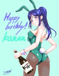 Rule 34 | 1girl, animal ears, blue hair, bottle, breasts, commentary request, cowboy shot, dated, detached collar, fake animal ears, from behind, green background, green leotard, green necktie, happy birthday, highres, leotard, long hair, looking at viewer, looking back, love live!, love live! sunshine!!, matsuura kanan, medium breasts, nanase tatsuki (aurora illusion), necktie, pantyhose, playboy bunny, ponytail, purple eyes, rabbit ears, rabbit tail, signature, simple background, solo, standing, strapless, strapless leotard, tail, wine bottle, wrist cuffs