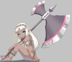 Rule 34 | 1girl, :&lt;, ankle wrap, axe, bandeau, barefoot, battle axe, blue eyes, cross-laced clothes, cross-laced top, dark-skinned female, dark skin, earrings, elf, from side, grey background, hairband, huge weapon, jewelry, legs, long hair, lonwi21, looking at viewer, midriff, necklace, original, pointy ears, ron&#039;i, simple background, sitting, skirt, solo, tribal, weapon, white hair
