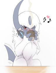 Rule 34 | absol, afterimage, animal focus, artist name, blush, claws, creatures (company), cup, dated, drink, drinking, eryz, fluffy, game freak, gen 3 pokemon, hands up, happy, headphones, heart, highres, holding, holding cup, looking at viewer, motion lines, mug, musical note, nintendo, no humans, nose blush, one eye closed, pokemon, pokemon (creature), red eyes, short hair, signature, simple background, sitting, solo, steam, table, tail, tail wagging, white background, white hair, wink