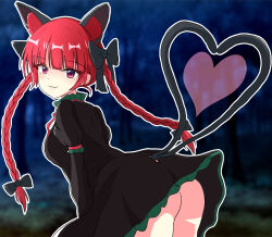 Rule 34 | 1girl, :3, absurdres, animal ears, ass, bent over, black bow, black dress, blunt bangs, blurry, blurry background, bow, braid, breasts, cat ears, cat girl, closed mouth, commentary request, dress, extra ears, hair bow, heart, heart tail, highres, kaenbyou rin, long hair, looking at viewer, medium breasts, multiple tails, nekomata, no panties, outdoors, outline, ptn, red hair, side braids, solo, tail, touhou, twin braids, two tails, variant set, white outline