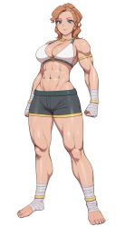 Rule 34 | 1girl, abs, bandaged foot, bandaged hand, bandages, bikini, bikini top only, blue eyes, breasts, brown hair, cleavage, feet, highres, large breasts, legs, lvl (sentrythe2310), muscular, muscular female, navel, original, shorts, simple background, solo, stomach, swimsuit, thick thighs, thighs, white background