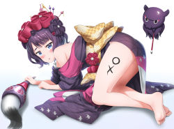 Rule 34 | 1girl, absurdres, all fours, barefoot, black hair, blue eyes, calligraphy brush, fate/grand order, fate (series), feet, flower, hair flower, hair ornament, hairpin, highres, ink, japanese clothes, katsushika hokusai (fate), kimono, looking at viewer, nedia (nedia region), octopus, paint on body, paintbrush, shadow, short hair, soles, solo, toes, white background