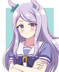 Rule 34 | 1girl, animal ears, bad id, bad twitter id, blush, border, bow, closed mouth, collarbone, commentary request, crossed arms, frown, green background, green ribbon, hair ribbon, highres, horse ears, horseshoe, long hair, looking at viewer, mejiro mcqueen (umamusume), outside border, puffy short sleeves, puffy sleeves, purple bow, purple eyes, purple hair, purple shirt, ribbon, sailor collar, school uniform, serafuku, shirt, short sleeves, simple background, solo, swept bangs, tracen school uniform, umamusume, upper body, white border, white sailor collar, zeta (24904340)