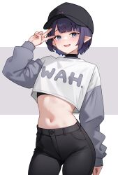Rule 34 | 1girl, absurdres, alternate costume, arm up, baseball cap, black choker, black hat, black pants, blue eyes, bluefield, blush, choker, clothes writing, commentary, contrapposto, cowboy shot, cropped shirt, denim, fang, gluteal fold, grey background, grey shirt, hat, highres, hololive, hololive english, jeans, long sleeves, looking at viewer, midriff, mole, mole under eye, navel, ninomae ina&#039;nis, pants, pointy ears, purple hair, shirt, short hair, smile, solo, two-tone background, two-tone shirt, v, virtual youtuber, wah, white background, white shirt
