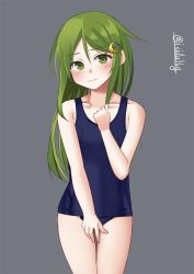 Rule 34 | 1girl, blue one-piece swimsuit, covered navel, covering privates, covering crotch, cowboy shot, crescent, crescent hair ornament, crescent pin, embarrassed, green eyes, green hair, grey background, hair between eyes, hair ornament, highres, ishida arata, kantai collection, long hair, nagatsuki (kancolle), old school swimsuit, one-piece swimsuit, school swimsuit, solo, swimsuit, twitter username