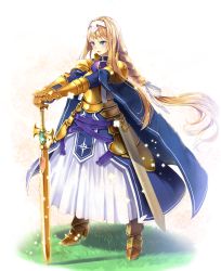 Rule 34 | 1girl, alice zuberg, armor, armored boots, blonde hair, blue dress, blue eyes, blush, boots, bow, braid, breastplate, commentary request, dress, flower, full body, funyariko, gauntlets, gold armor, grass, hair bow, hands on hilt, headpiece, highres, long hair, looking away, outstretched arms, parted lips, sheath, single braid, solo, standing, striped, striped bow, sword, sword art online, sword art online: alicization, unsheathed, very long hair, weapon, white background, white bow, white flower