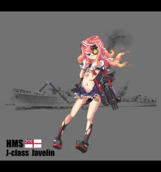 Rule 34 | 1girl, absurdres, blonde hair, blue eyes, character name, english text, frown, gloves, gradient hair, highres, hms javelin (zhan jian shao nyu), javelin (warship girls r), letterboxed, multicolored hair, official art, photo background, pleated skirt, red hair, royal navy, sirills, skirt, solo, torn clothes, torn skirt, warship girls r, white gloves, zhan jian shaonu