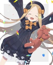 Rule 34 | 1girl, :d, ^ ^, abigail williams (fate), black bow, black dress, black hat, blonde hair, bloomers, blush, bow, bug, butterfly, closed eyes, commentary request, dress, facing viewer, fate/grand order, fate (series), forehead, grey background, hair bow, hat, highres, insect, long hair, long sleeves, multiple hair bows, open mouth, orange bow, parted bangs, petals, polka dot, polka dot bow, sleeves past fingers, sleeves past wrists, smile, solo, stuffed animal, stuffed toy, teddy bear, totatokeke, two-tone background, underwear, very long hair, white background, white bloomers