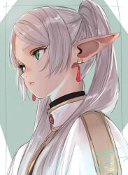 Rule 34 | 1girl, artist name, capelet, commentary, earrings, elf, frieren, from side, gem, green eyes, grey hair, high collar, highres, isshiki (ffmania7), jewelry, lips, long hair, pointy ears, red gemstone, signature, solo, sousou no frieren, symbol-only commentary, twintails, white capelet