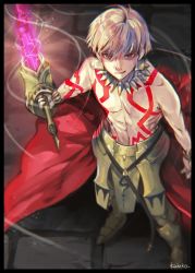 Rule 34 | 1boy, armor, bad id, bad pixiv id, blonde hair, ea (fate/stay night), earrings, fate/stay night, fate (series), gilgamesh (fate), glowing, glowing weapon, gradient background, jewelry, male focus, nightmare-kck, red eyes, solo, tattoo, topless male, weapon