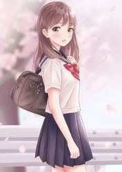 Rule 34 | 1girl, arm at side, bag, blouse, blue sailor collar, blue skirt, blush, bow, bowtie, brown eyes, brown hair, cherry blossoms, commentary request, cowboy shot, day, from side, hand up, highres, holding, looking at viewer, looking to the side, original, outdoors, parted lips, petals, pleated skirt, railing, red bow, red bowtie, sailor collar, school bag, school uniform, serafuku, shirt, short sleeves, skirt, solo, standing, white shirt, yukimaru217