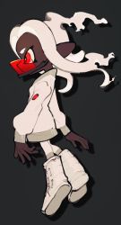 Rule 34 | 1girl, absurdres, boots, dark-skinned female, dark skin, from side, full body, grey background, highres, inari1369, jacket, long hair, long sleeves, nintendo, octoling, octoling girl, octoling player character, red eyes, silhouette, sleeves past wrists, solo, splatoon (series), tentacle hair, toni kensa (splatoon), white footwear, white hair, white jacket