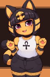 Rule 34 | 1girl, alternate hair color, animal crossing, animal ears, ankh print, ankha (animal crossing), artist name, black hair, black shorts, black thighhighs, commentary, english commentary, fishnet sleeves, fishnets, highres, looking at viewer, nauskills, nintendo, open mouth, pink eyes, print shirt, shirt, shorts, sleeveless, solo, tail, thighhighs, watermark, white shirt