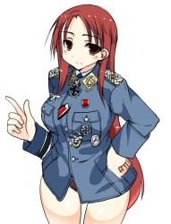 Rule 34 | 1girl, cross, hand on own hip, iron cross, jacket, long hair, military, military uniform, minna-dietlinde wilcke, panties, red eyes, red hair, red panties, samazuka mashio, samazuka mashiro, samazukamashio, strike witches, thighs, underwear, uniform, world witches series