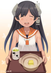 Rule 34 | 1girl, black hair, blouse, blue one-piece swimsuit, butter, closed eyes, commentary request, cup, food, gradient background, headgear, i-400 (kancolle), kantai collection, long hair, misumi (niku-kyu), one-piece swimsuit, open mouth, porridge, sailor collar, shirt, sleeveless, sleeveless shirt, smile, solo, swimsuit, swimsuit under clothes, tray, twitter username, upper body, white shirt