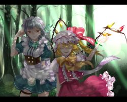 Rule 34 | 2girls, bad id, bad pixiv id, blonde hair, bow, braid, corset, dappled sunlight, closed eyes, female focus, flandre scarlet, forest, hat, highres, izayoi sakuya, kurohal, letterboxed, maid, maid headdress, multiple girls, nature, red eyes, shade, short hair, side ponytail, silver hair, sunlight, thigh strap, touhou, twin braids, wings