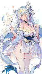 1girl 1other animal bare_hips blue_hair breasts cleavage clothes_pull commission dragon_girl dragon_horns dragon_tail hair_ornament highres horns japanese_clothes kemomin_nosuke large_breasts light_blue_hair long_hair looking_at_viewer no_panties original pendant_choker pointy_ears purple_eyes skeb_commission tail thighhighs very_long_hair white_thighhighs