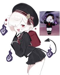 Rule 34 | 1girl, absurdres, backpack, bag, beret, black collar, black hat, black sailor collar, black serafuku, black shirt, black skirt, collar, commentary, demon tail, english commentary, game screenshot inset, gloves, hair over one eye, hat, heart, highres, hitodama, looking at viewer, miniskirt, open mouth, original, pale skin, randoseru, red bag, red eyes, roblox, sailor collar, school uniform, serafuku, shirt, sketch, skirt, smile, smug, solo, tail, teriibol, white hair