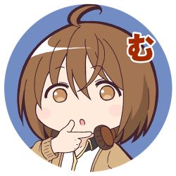 Rule 34 | 1girl, :o, ahoge, assault lily, blue background, blush, brown cardigan, brown eyes, brown hair, cardigan, chibi, circle, collared shirt, hair between eyes, hand up, headphones, headphones around neck, kawamura yuzuriha, long sleeves, looking at viewer, lowres, masaki itsuki, medium hair, no pupils, open cardigan, open clothes, parted lips, portrait, round image, shirt, sign language, simple background, solo, transparent background, white shirt